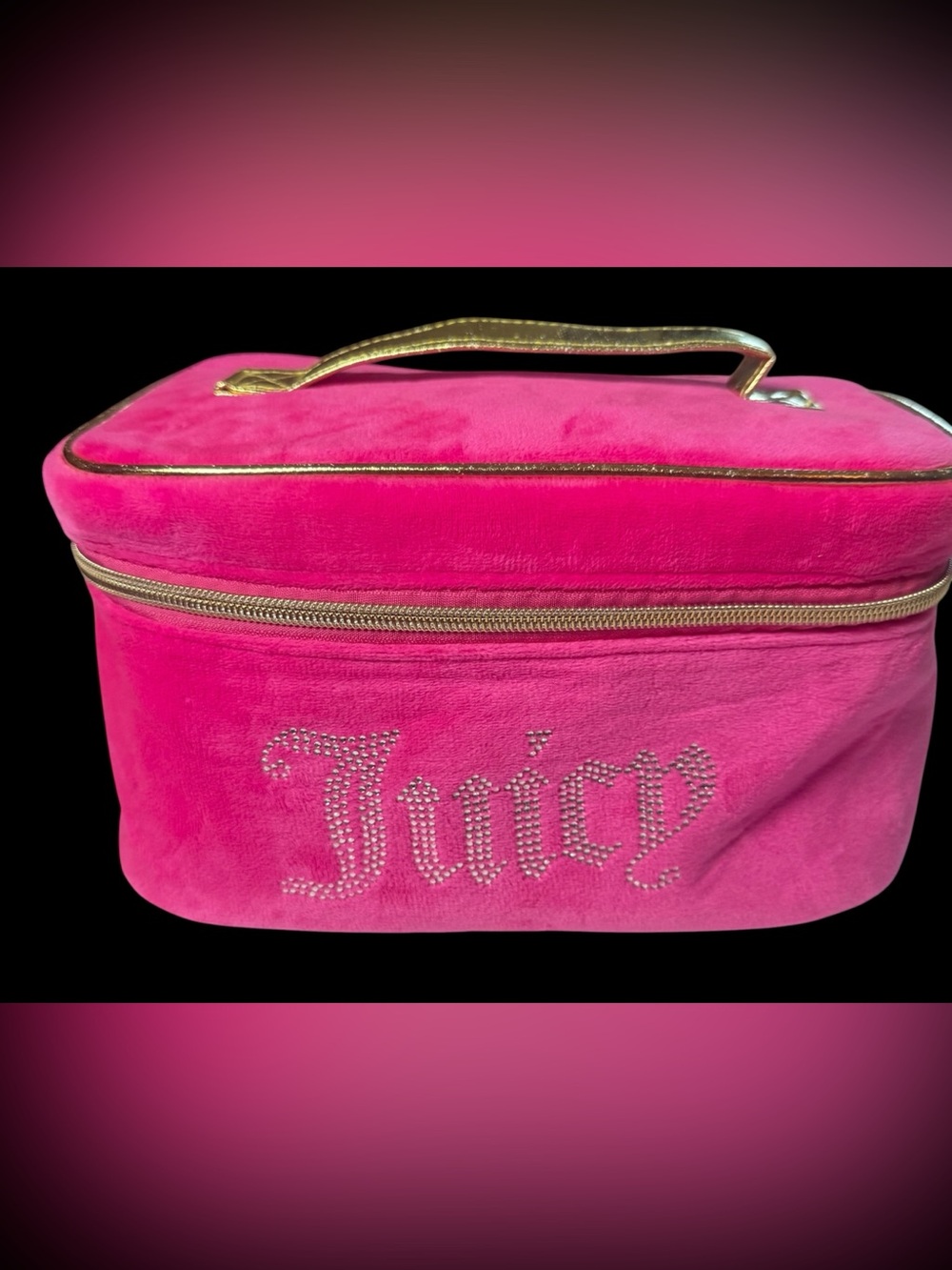 Juicy Couture Pink Velour Rhinestone Train Case Makeup Cosmetic Bag with Gold